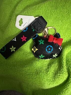 Kids fashion  Black hello kitty Character Keychain with Red Bow